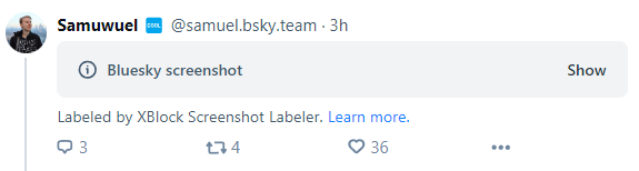 Screenshot of a @samuel.bsky.team post labelled as a Bluesky screenshot